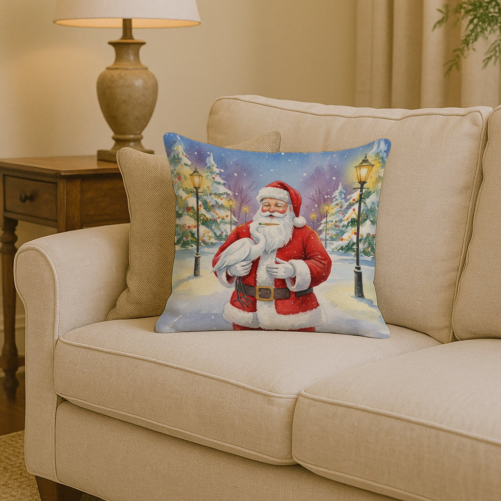 Egret with Santa Claus Decorative Throw Pillow 14x14 Indoor Outdoor Accent Cushion, Fabric Cover with Insert for Sofa, Bed, Porch & Living Room