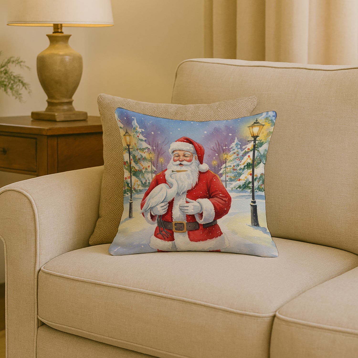 Egret with Santa Claus Decorative Throw Pillow 18x18 Indoor Outdoor Accent Cushion, Fabric Cover with Insert for Sofa, Bed, Porch & Living Room