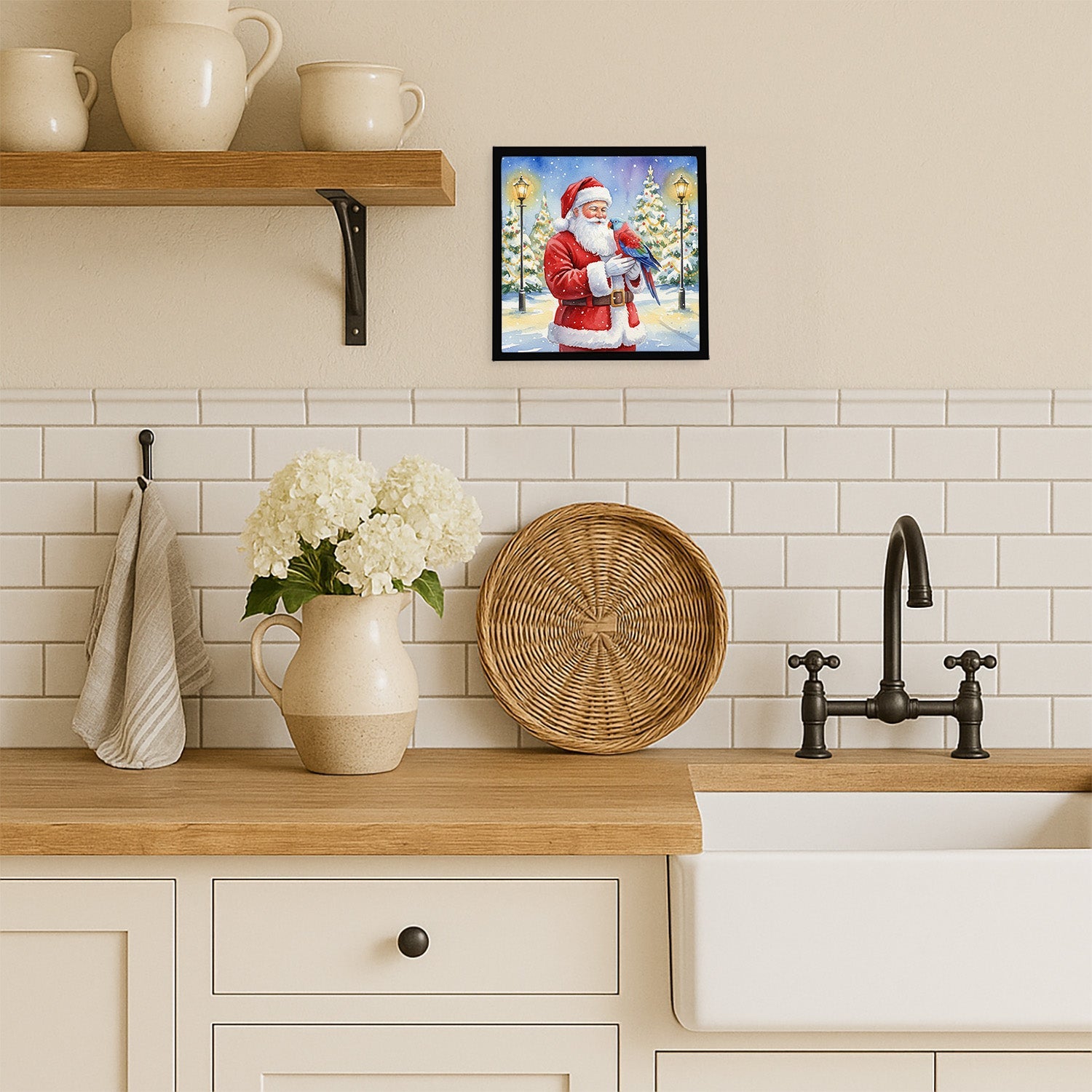 Female Eclectus with Santa Claus Framed Metal Print Bathroom, Kitchen, Office, Home Decor Wall Art Ready to Hang, Square, 8X8