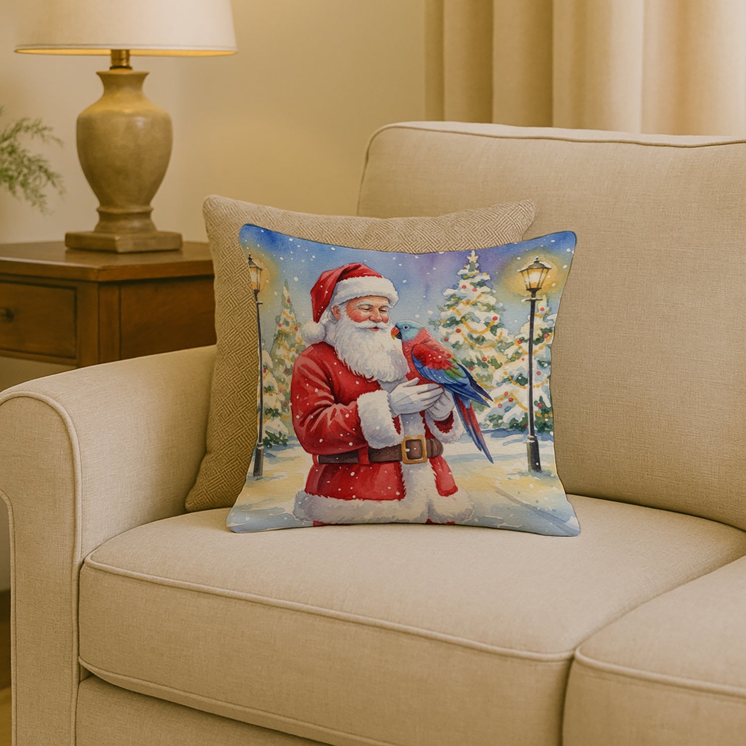 Female Eclectus with Santa Claus Decorative Throw Pillow 18x18 Indoor Outdoor Accent Cushion, Fabric Cover with Insert for Sofa, Bed, Porch & Living Room