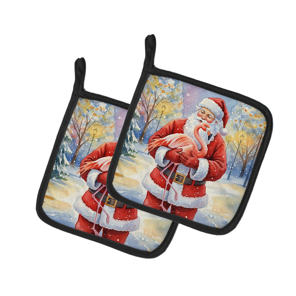 Flamingo with Santa Claus Pot Holder Set of 2 Heat Resistant Quilted Hot Pads 7.5 x 7.5 Inch, Insulated Kitchen Trivets for Cooking & Baking