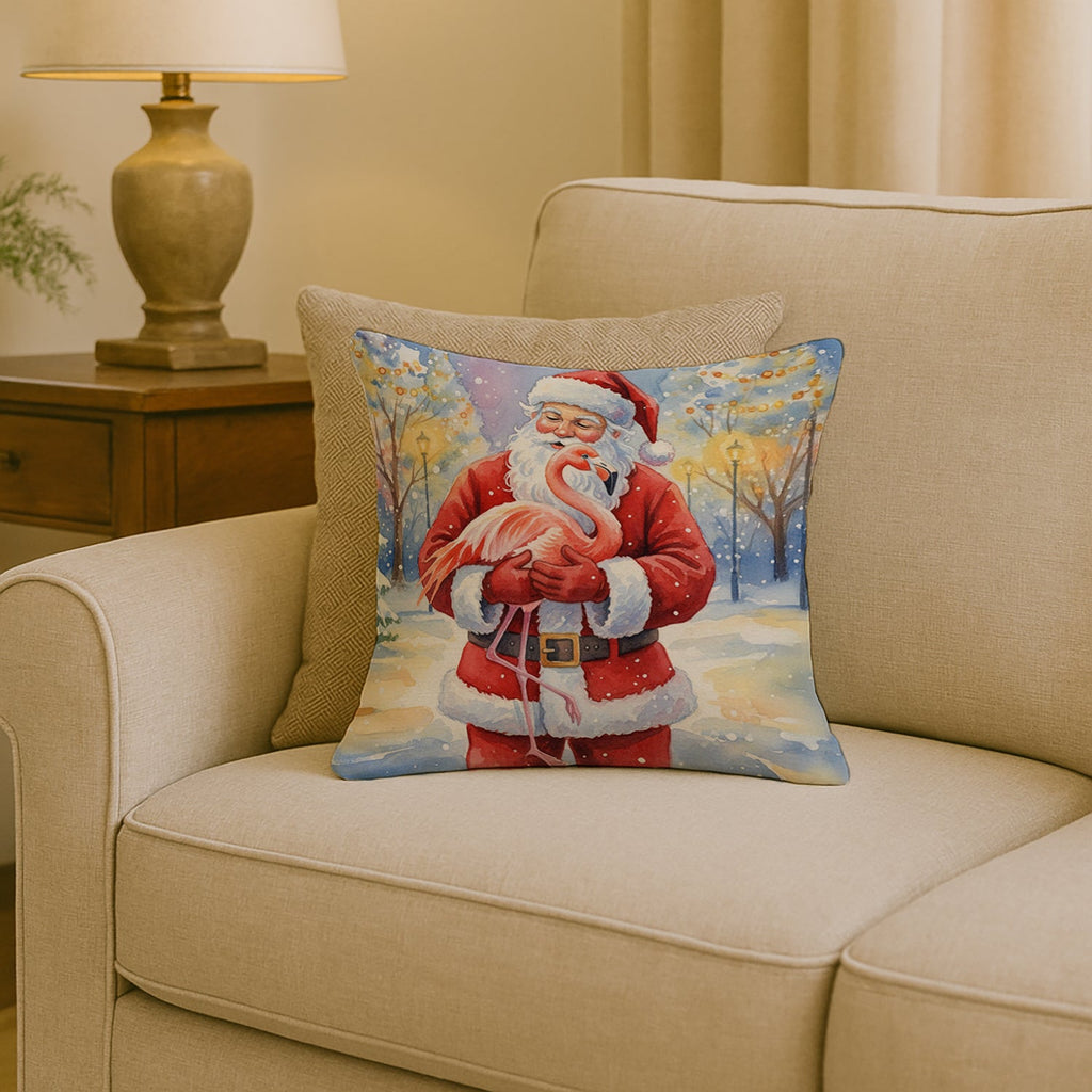 Flamingo with Santa Claus Decorative Throw Pillow 18x18 Indoor Outdoor Accent Cushion, Fabric Cover with Insert for Sofa, Bed, Porch & Living Room
