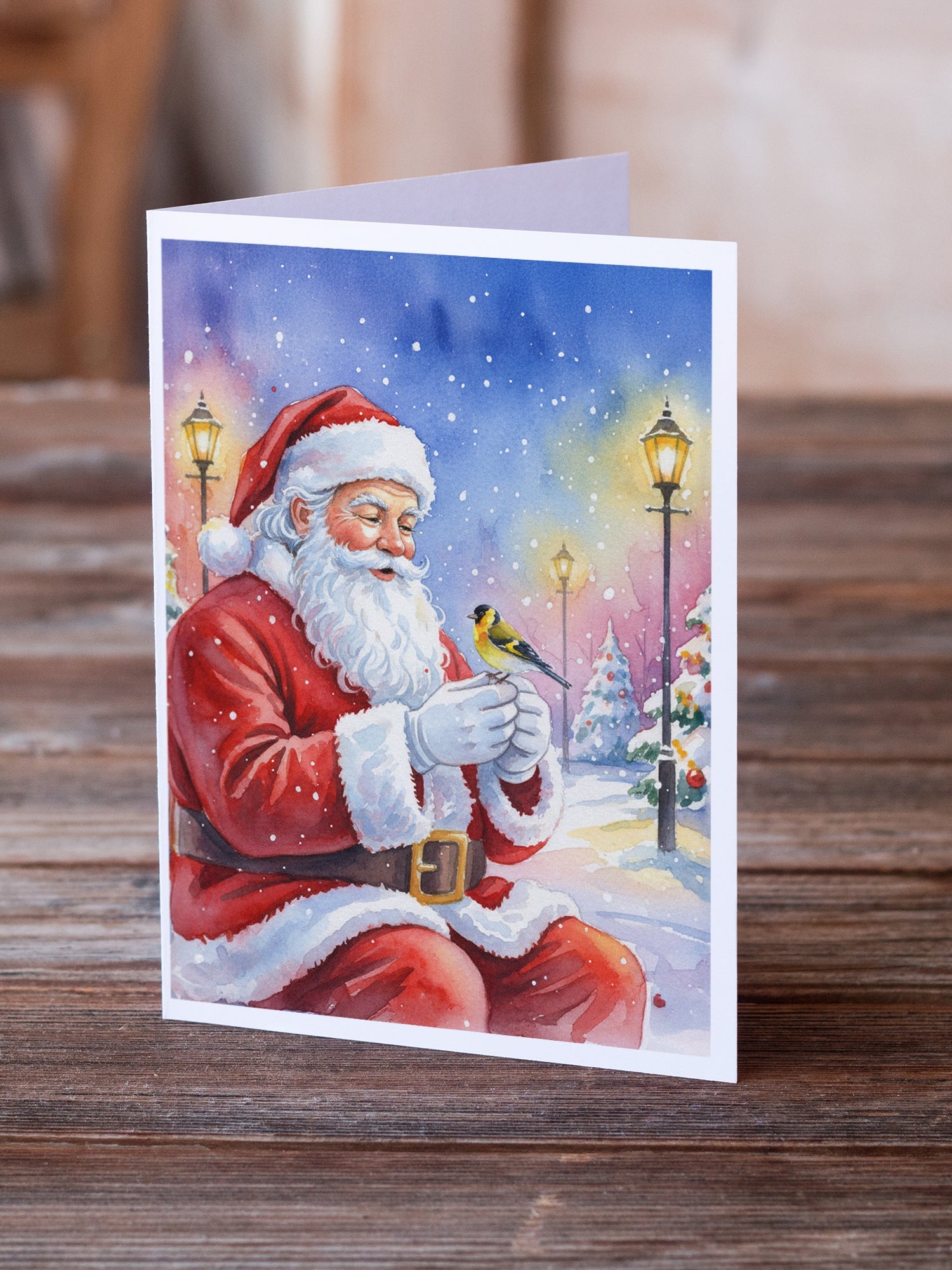 Goldfinch with Santa Claus Greeting Cards Pack of 8 Blank Cards with Envelopes Whimsical A7 Size 5x7