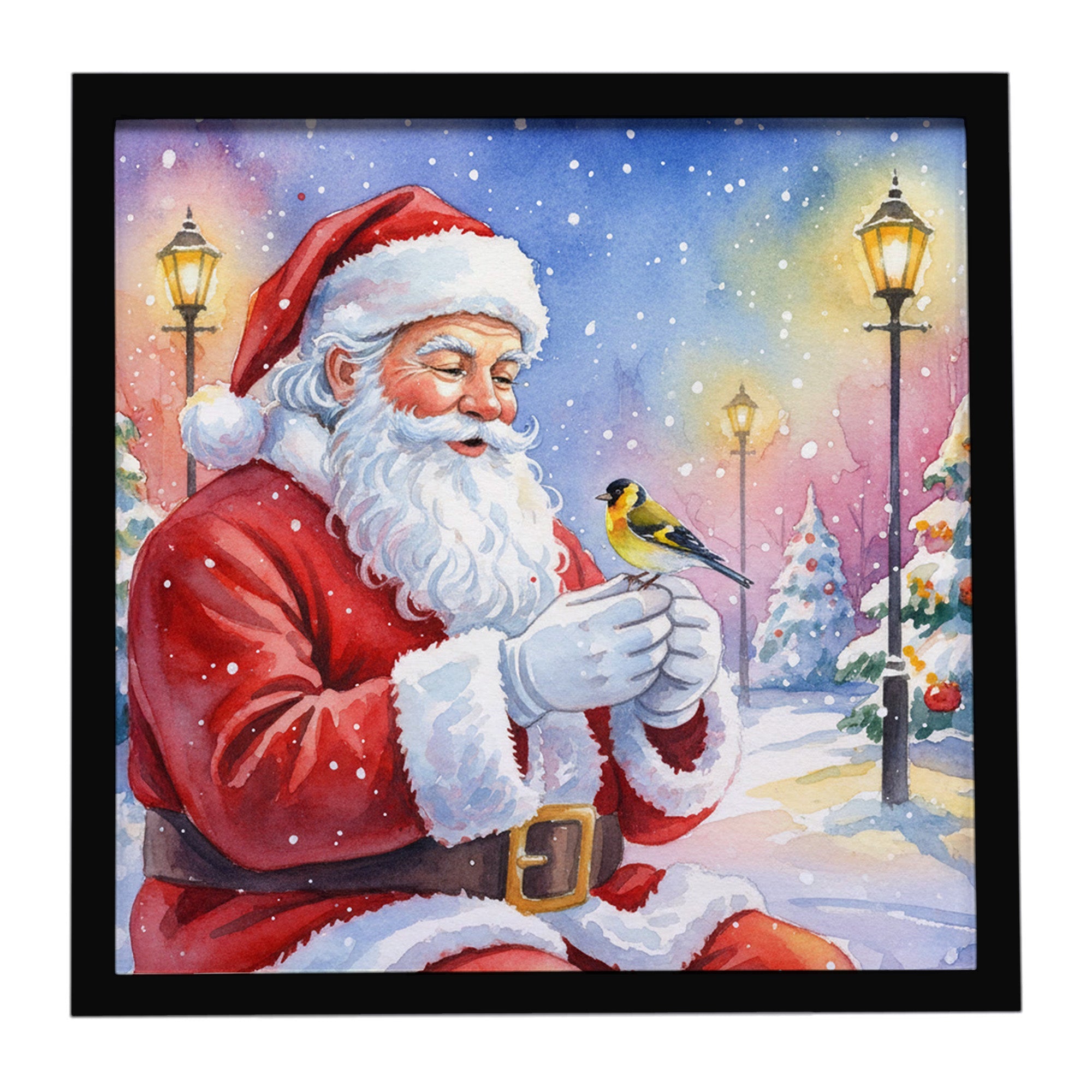 Goldfinch with Santa Claus Framed Metal Print Bathroom, Kitchen, Office, Home Decor Wall Art Ready to Hang, Square, 8X8