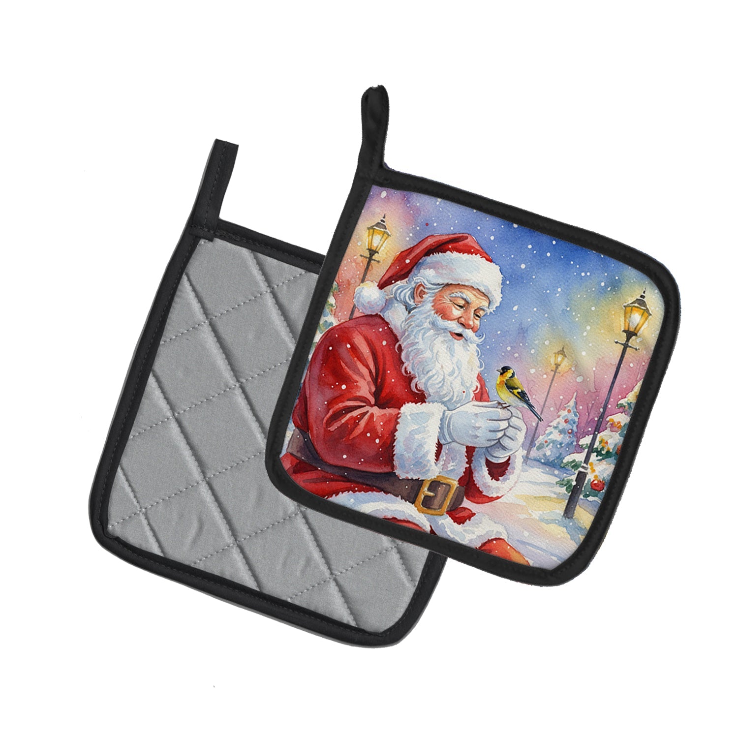 Goldfinch with Santa Claus Pot Holder Set of 2 Heat Resistant Quilted Hot Pads 7.5 x 7.5 Inch, Insulated Kitchen Trivets for Cooking & Baking