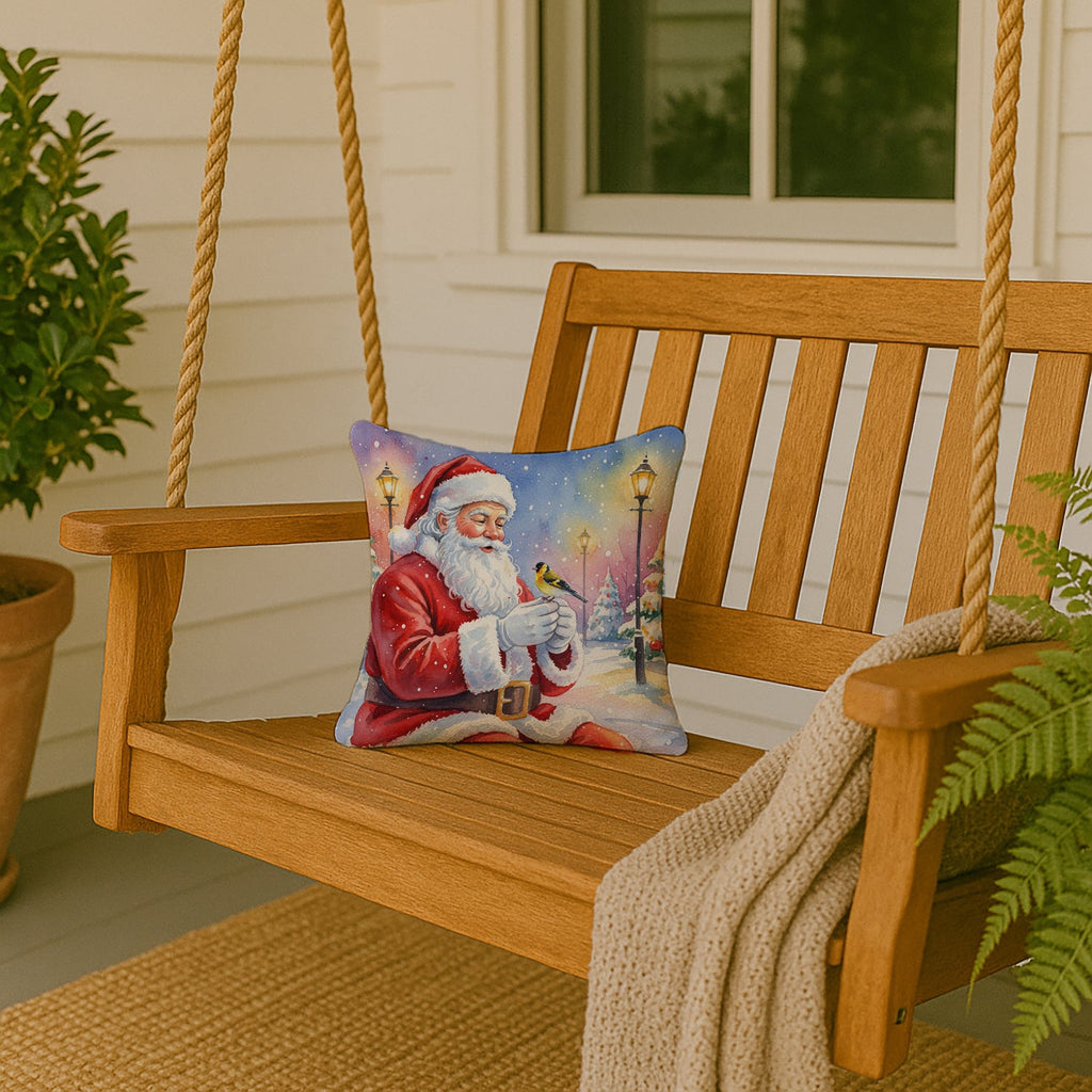 Goldfinch with Santa Claus Decorative Throw Pillow 14x14 Indoor Outdoor Accent Cushion, Fabric Cover with Insert for Sofa, Bed, Porch & Living Room