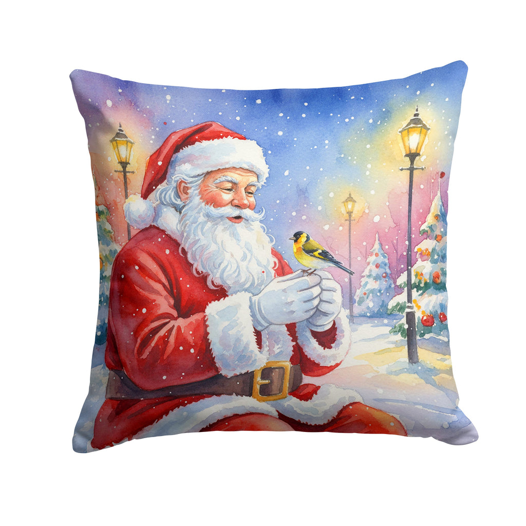 Goldfinch with Santa Claus Decorative Throw Pillow 18x18 Indoor Outdoor Accent Cushion, Fabric Cover with Insert for Sofa, Bed, Porch & Living Room