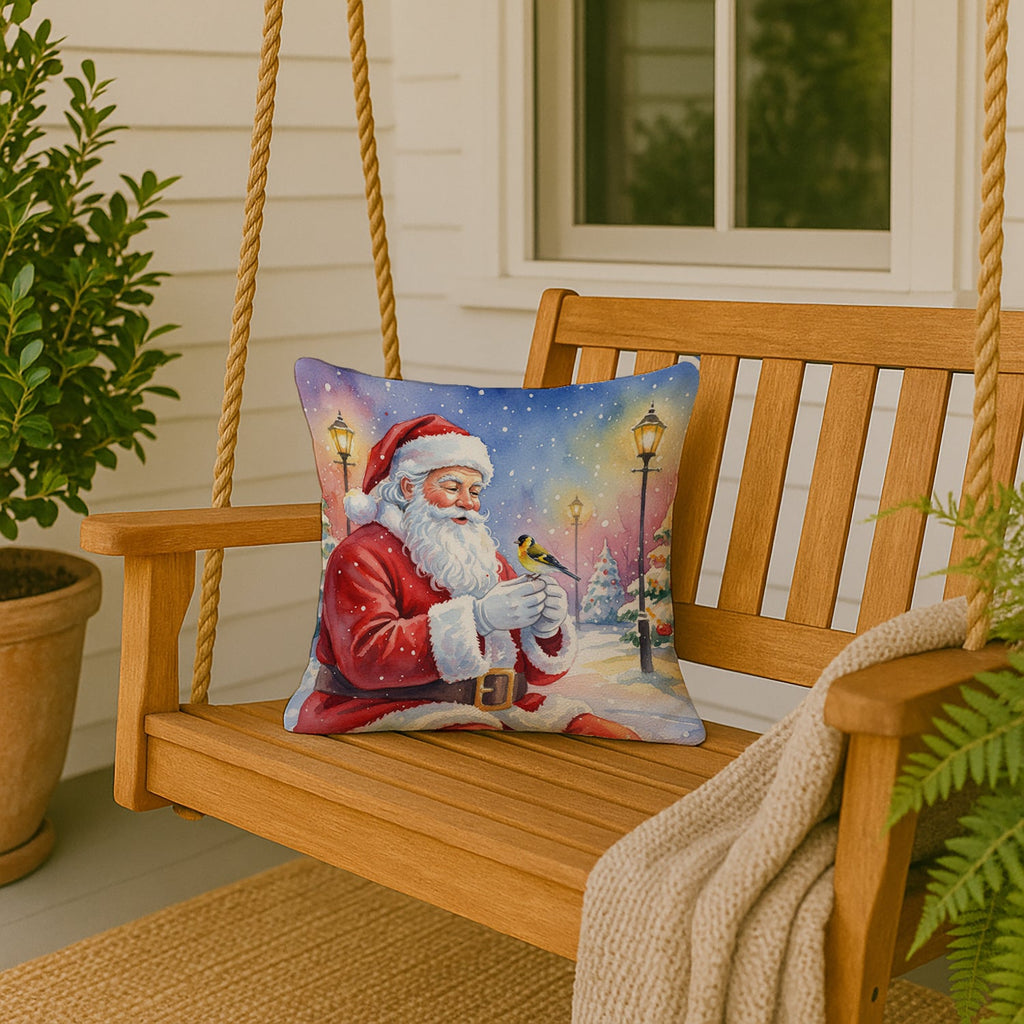 Goldfinch with Santa Claus Decorative Throw Pillow 18x18 Indoor Outdoor Accent Cushion, Fabric Cover with Insert for Sofa, Bed, Porch & Living Room