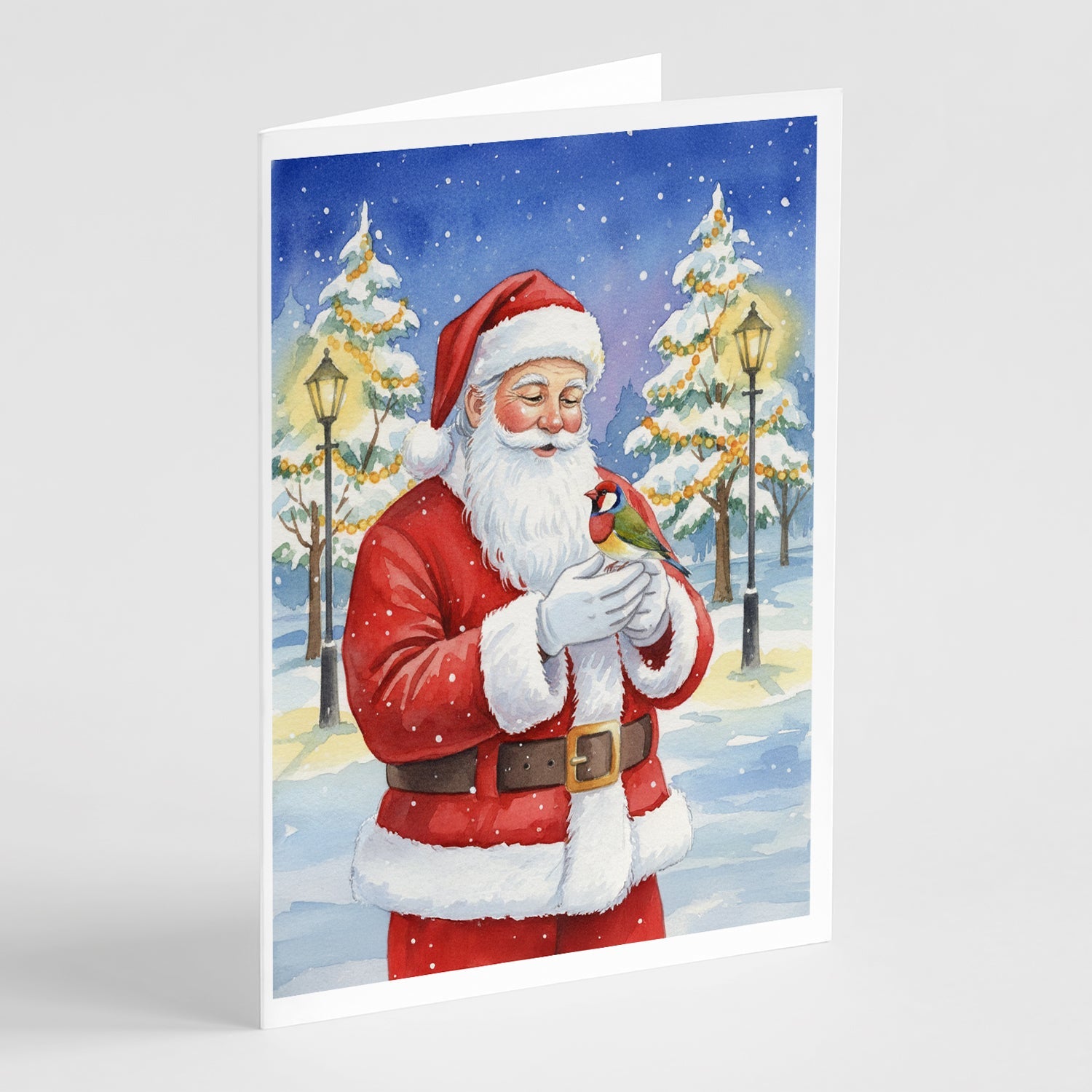 Gouldian Finch with Santa Claus Greeting Cards Pack of 8 Blank Cards with Envelopes Whimsical A7 Size 5x7