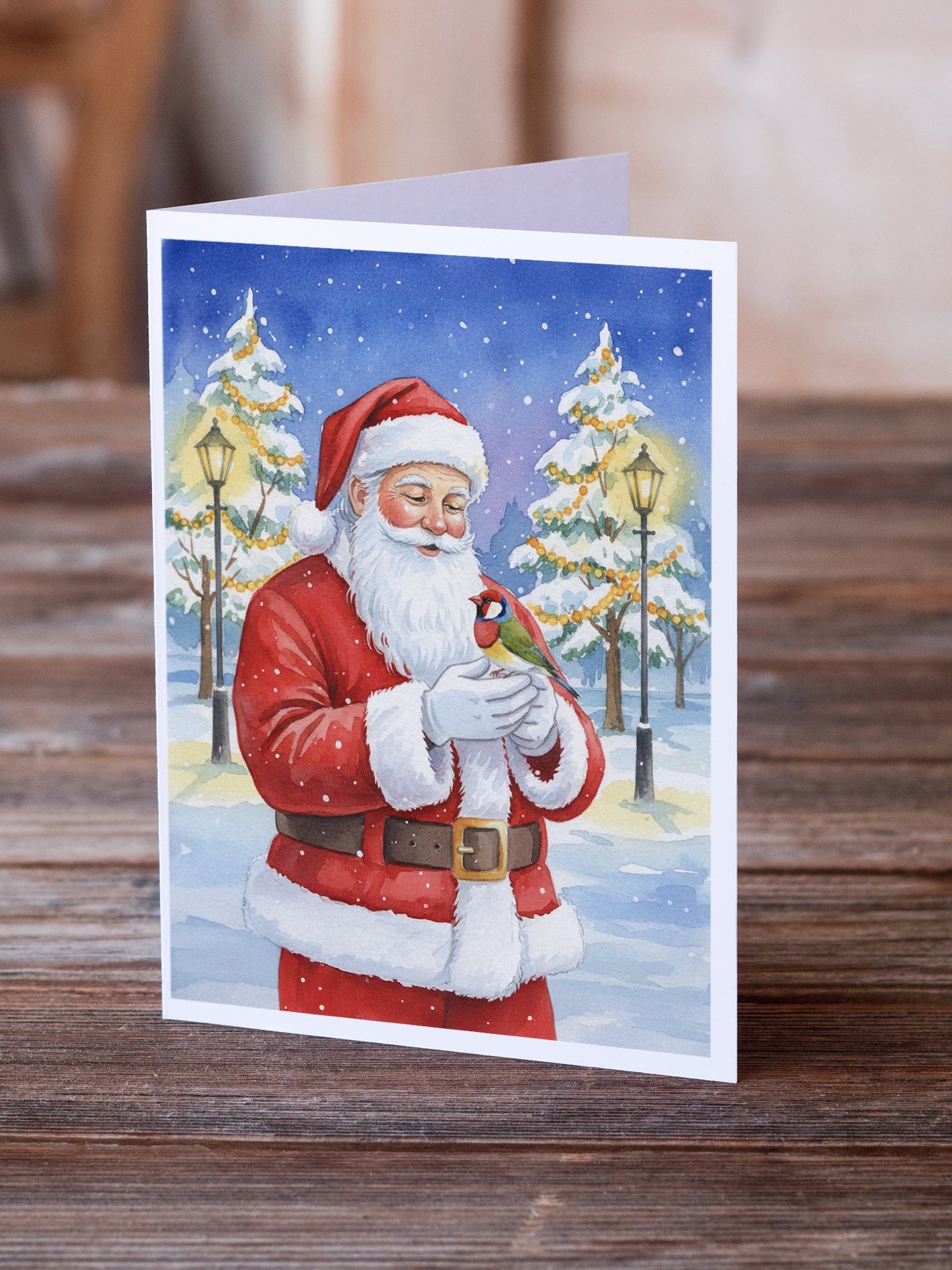 Gouldian Finch with Santa Claus Greeting Cards Pack of 8 Blank Cards with Envelopes Whimsical A7 Size 5x7
