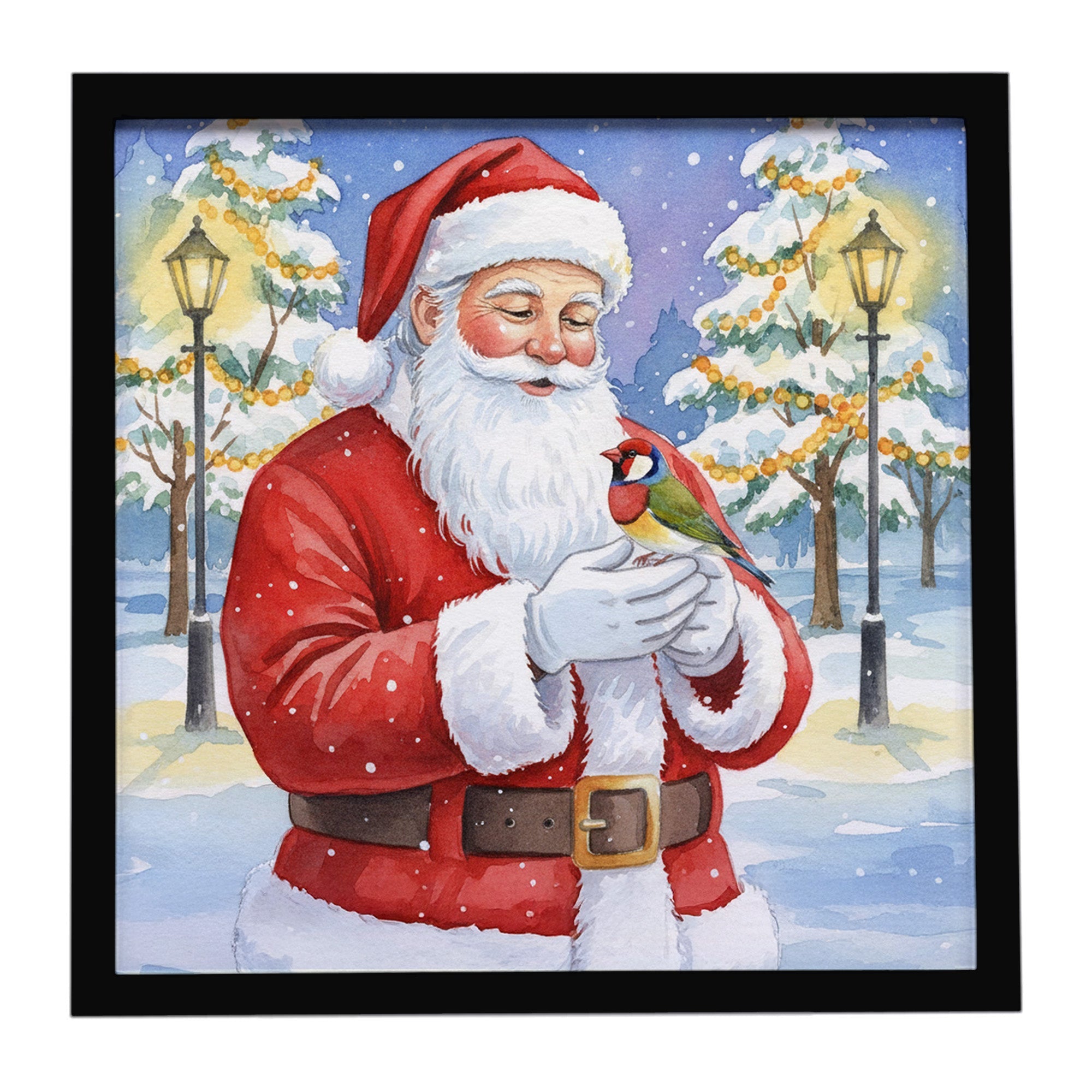 Gouldian Finch with Santa Claus Framed Metal Print Bathroom, Kitchen, Office, Home Decor Wall Art Ready to Hang, Square, 8X8