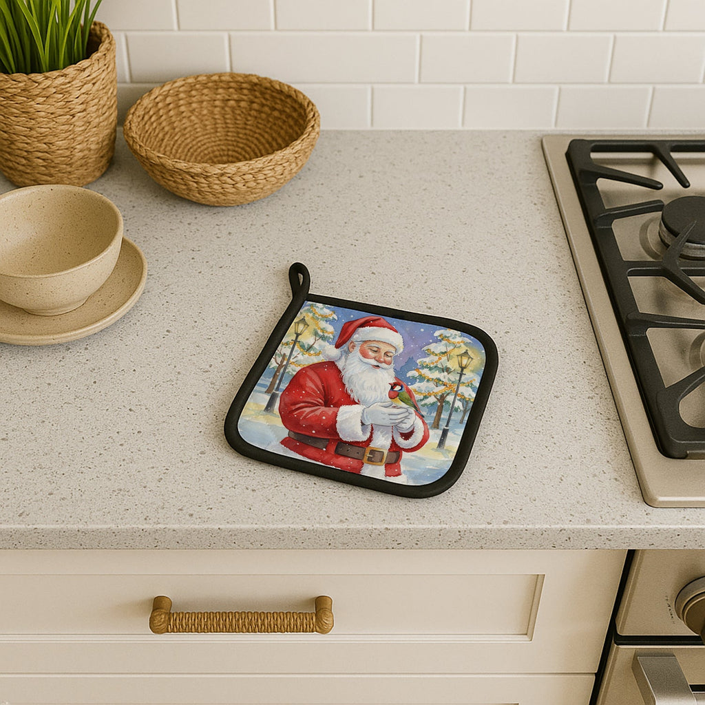 Gouldian Finch with Santa Claus Pot Holder Set of 2 Heat Resistant Quilted Hot Pads 7.5 x 7.5 Inch, Insulated Kitchen Trivets for Cooking & Baking