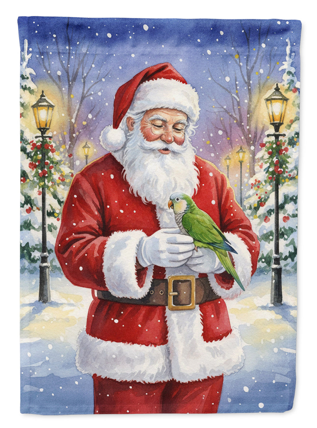 Green Quaker Parrot with Santa Claus House Flag 28x40 Porch Sleeve Pole Decorative Outside Yard Banner Artwork Wall Hanging, Polyester