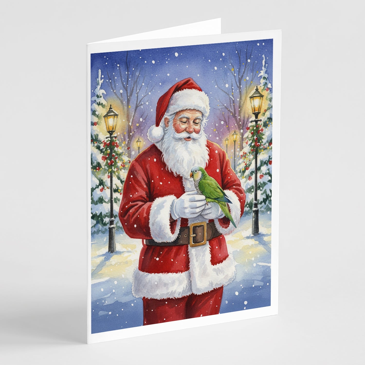 Green Quaker Parrot with Santa Claus Greeting Cards Pack of 8 Blank Cards with Envelopes Whimsical A7 Size 5x7