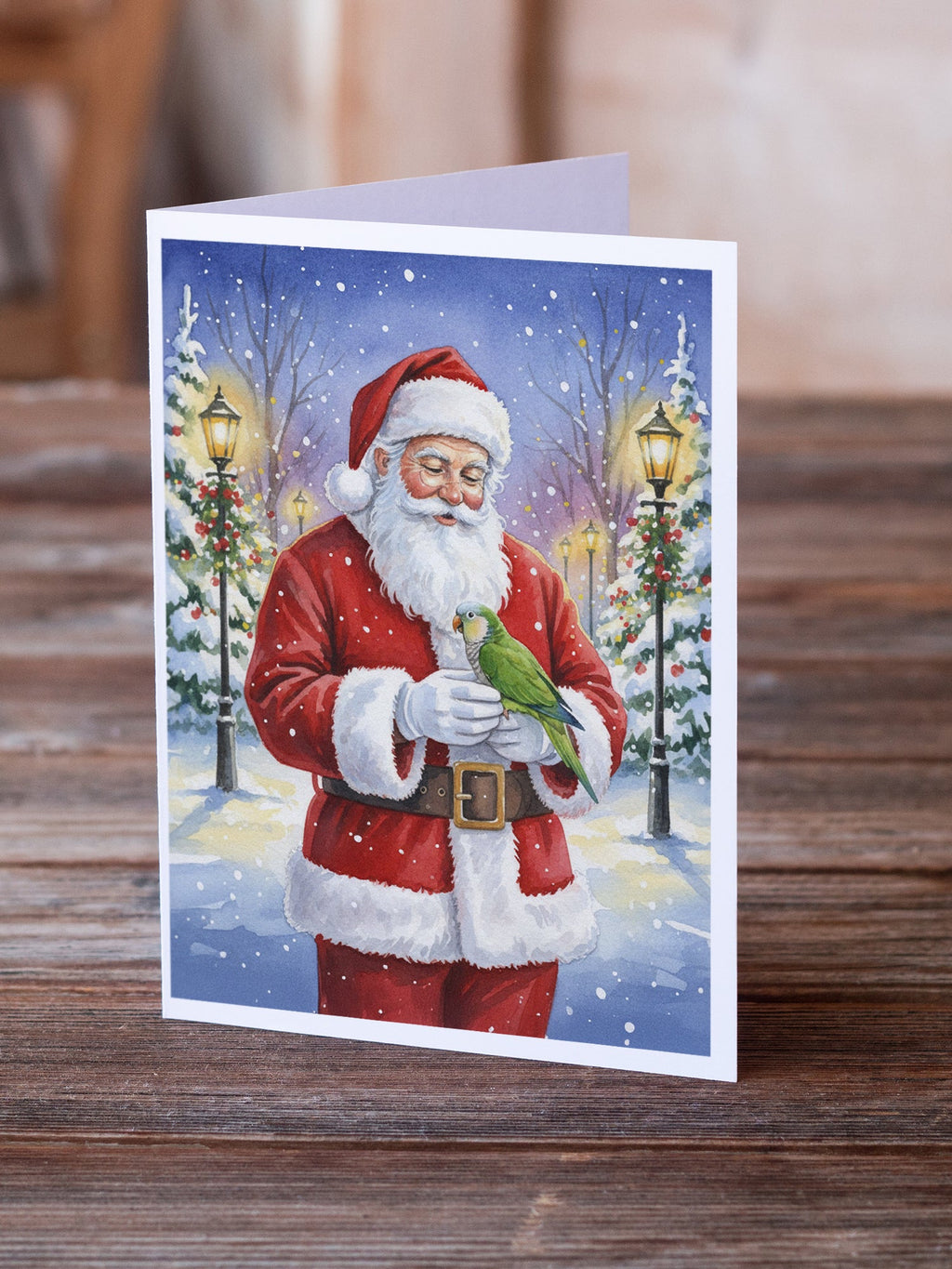 Green Quaker Parrot with Santa Claus Greeting Cards Pack of 8 Blank Cards with Envelopes Whimsical A7 Size 5x7