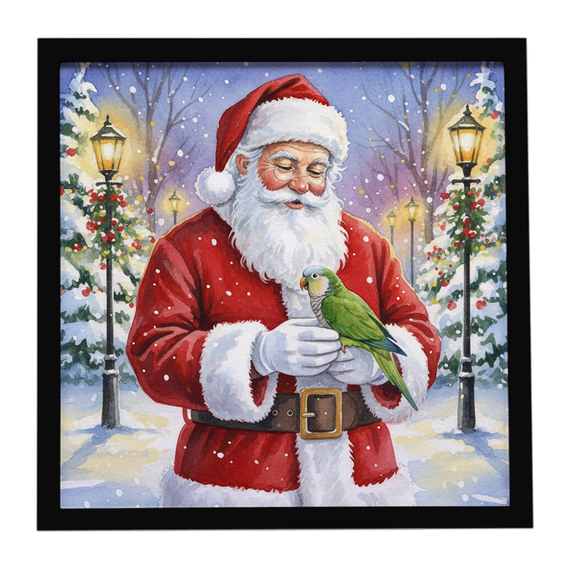 Green Quaker Parrot with Santa Claus Framed Metal Print Bathroom, Kitchen, Office, Home Decor Wall Art Ready to Hang, Square, 8X8