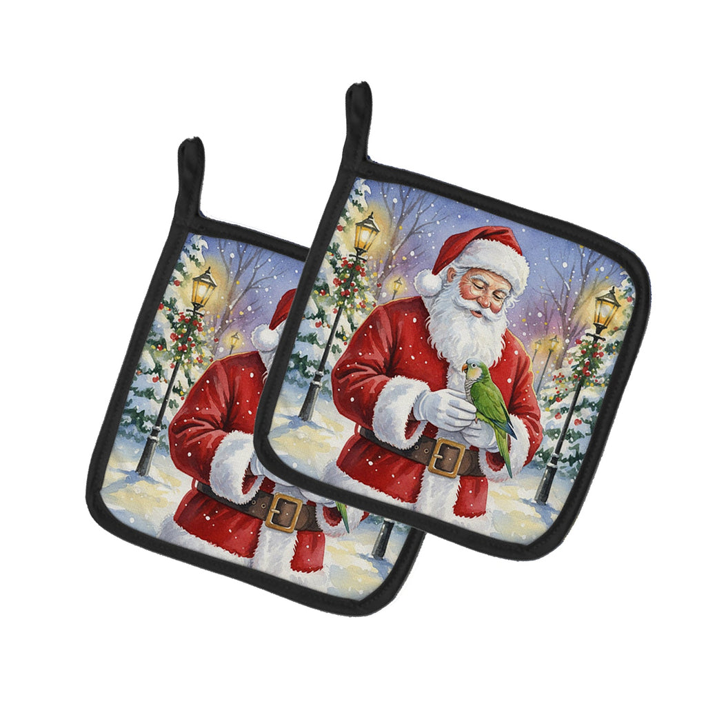 Green Quaker Parrot with Santa Claus Pot Holder Set of 2 Heat Resistant Quilted Hot Pads 7.5 x 7.5 Inch, Insulated Kitchen Trivets for Cooking & Baking