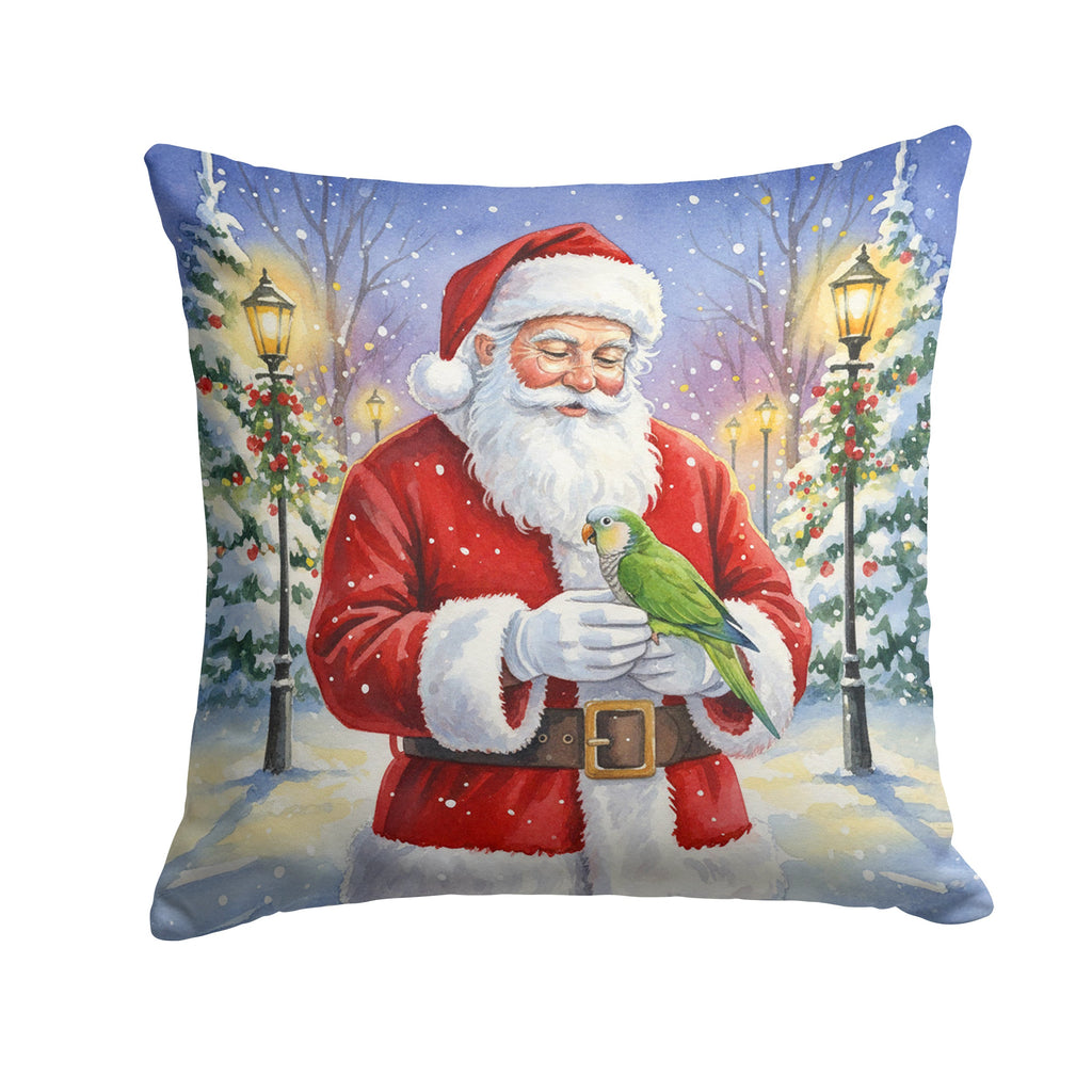 Green Quaker Parrot with Santa Claus Decorative Throw Pillow 14x14 Indoor Outdoor Accent Cushion, Fabric Cover with Insert for Sofa, Bed, Porch & Living Room