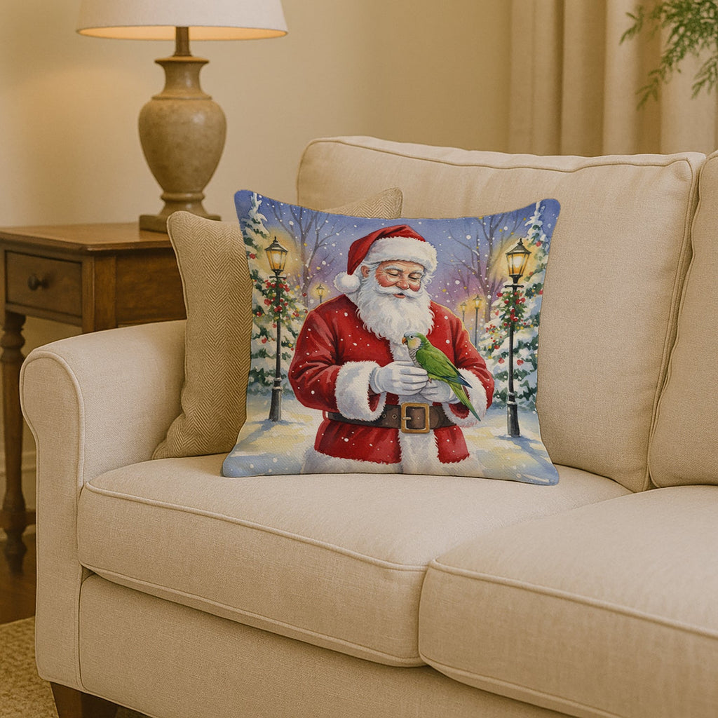 Green Quaker Parrot with Santa Claus Decorative Throw Pillow 14x14 Indoor Outdoor Accent Cushion, Fabric Cover with Insert for Sofa, Bed, Porch & Living Room