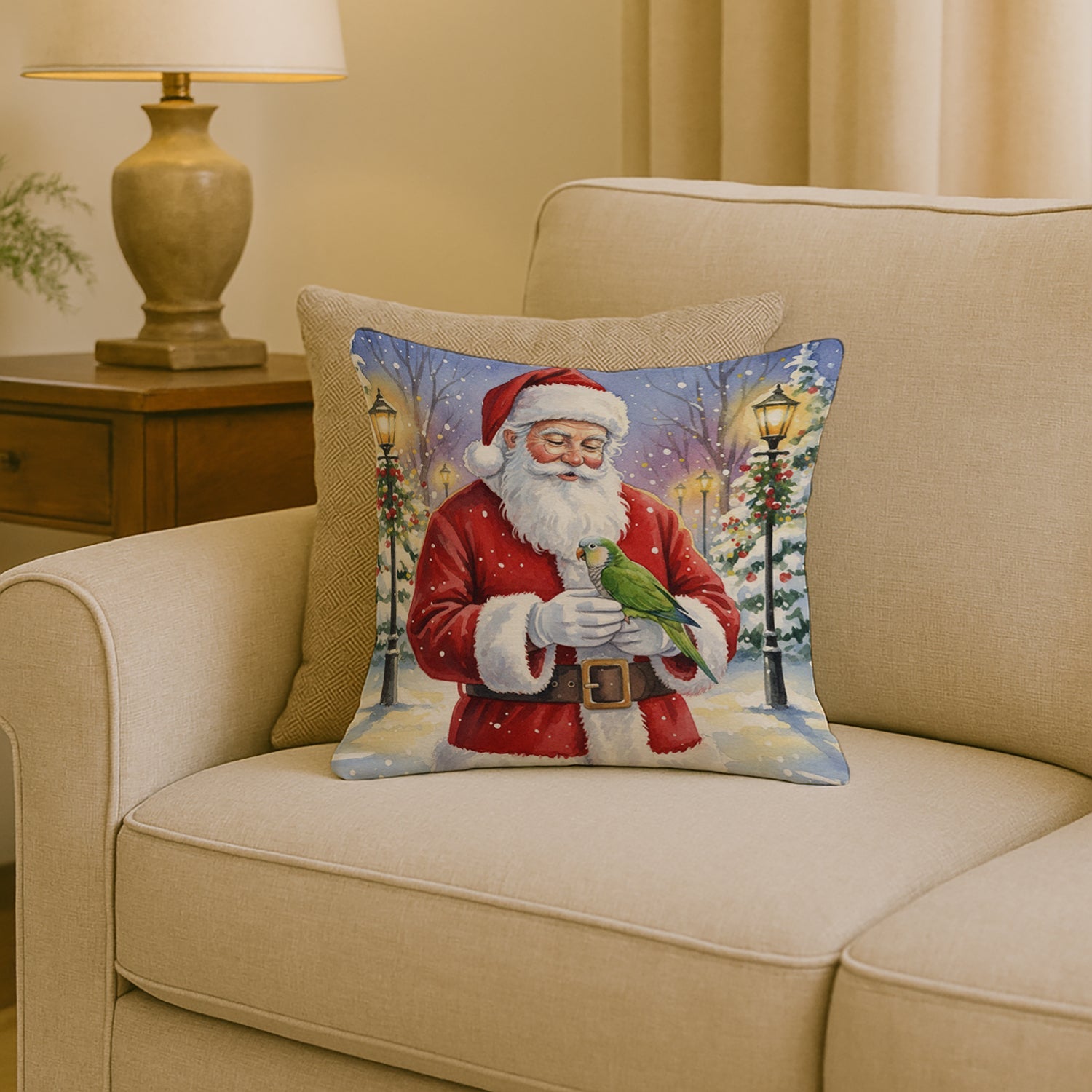 Green Quaker Parrot with Santa Claus Decorative Throw Pillow 18x18 Indoor Outdoor Accent Cushion, Fabric Cover with Insert for Sofa, Bed, Porch & Living Room