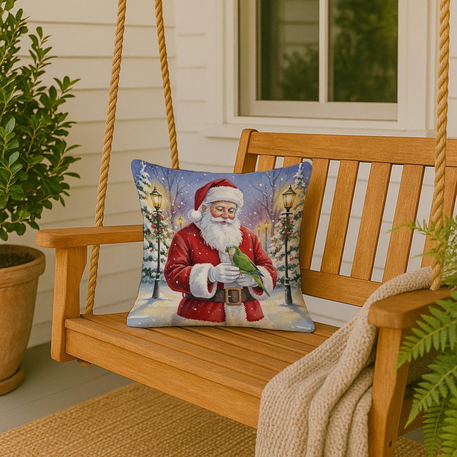Green Quaker Parrot with Santa Claus Decorative Throw Pillow 18x18 Indoor Outdoor Accent Cushion, Fabric Cover with Insert for Sofa, Bed, Porch & Living Room