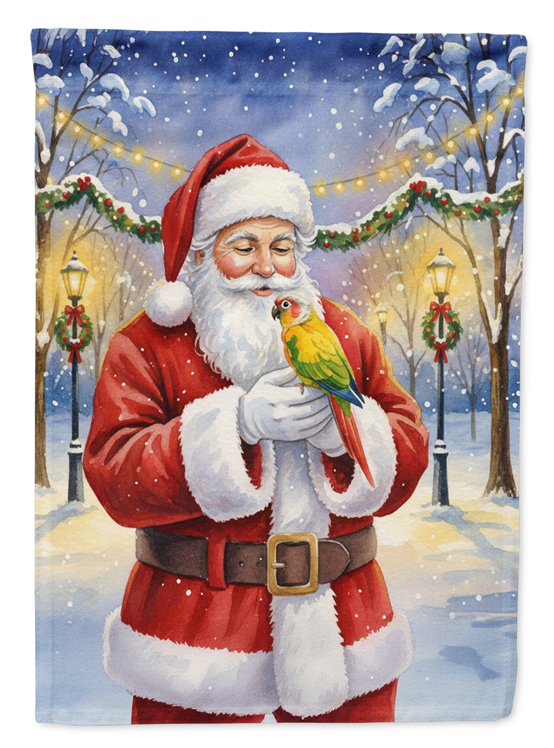 Green Cheeked Conure Parrot with Santa Claus House Flag 28x40 Porch Sleeve Pole Decorative Outside Yard Banner Artwork Wall Hanging, Polyester