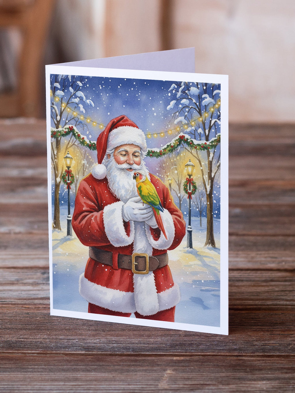 Green Cheeked Conure Parrot with Santa Claus Greeting Cards Pack of 8 Blank Cards with Envelopes Whimsical A7 Size 5x7