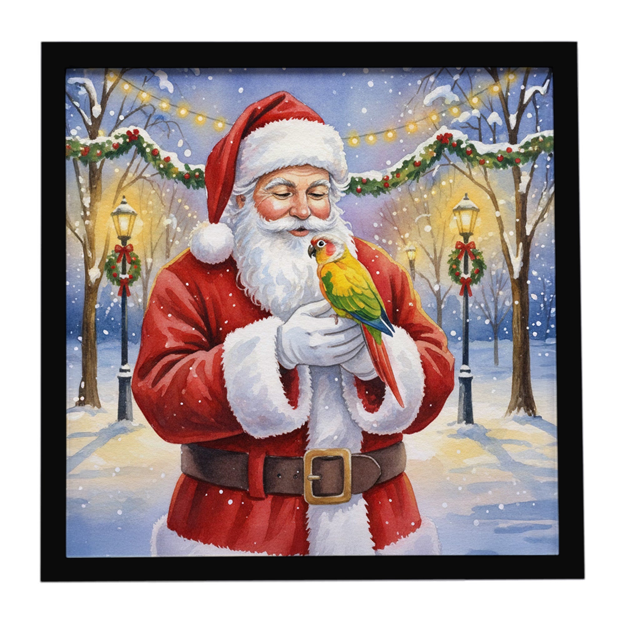 Green Cheeked Conure Parrot with Santa Claus Framed Metal Print Bathroom, Kitchen, Office, Home Decor Wall Art Ready to Hang, Square, 8X8