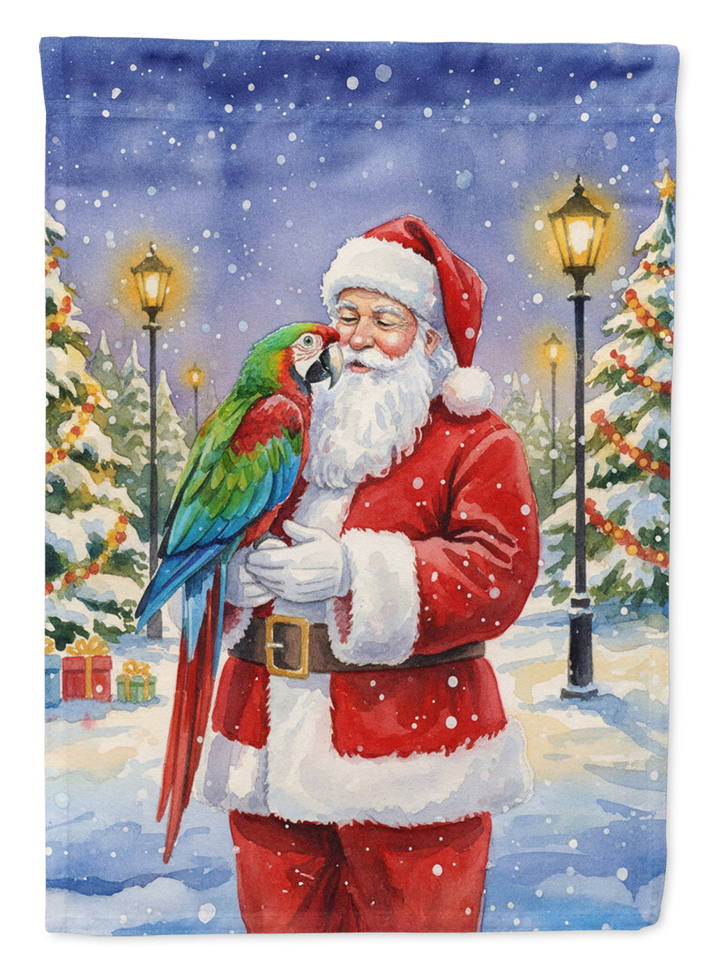Green Winged Macaw Parrot with Santa Claus House Flag 28x40 Porch Sleeve Pole Decorative Outside Yard Banner Artwork Wall Hanging, Polyester