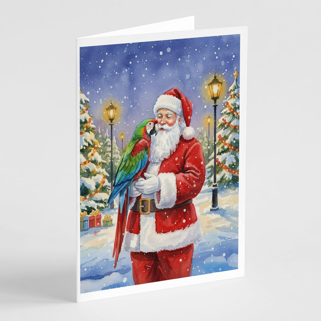 Green Winged Macaw Parrot with Santa Claus Greeting Cards Pack of 8 Blank Cards with Envelopes Whimsical A7 Size 5x7