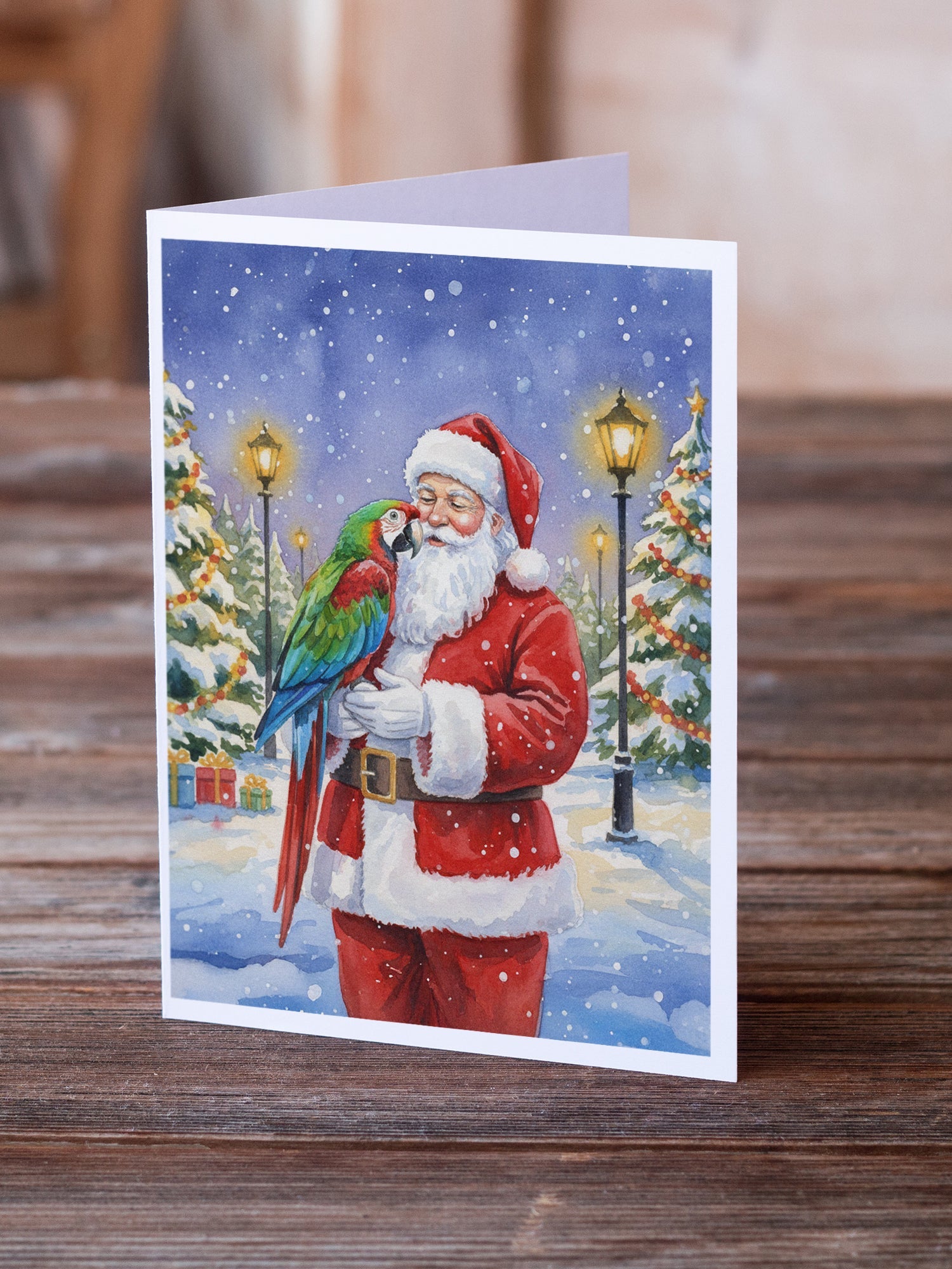 Green Winged Macaw Parrot with Santa Claus Greeting Cards Pack of 8 Blank Cards with Envelopes Whimsical A7 Size 5x7