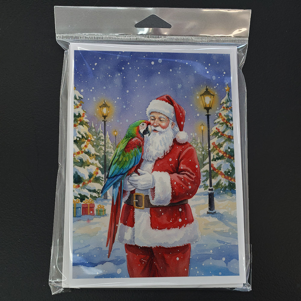 Green Winged Macaw Parrot with Santa Claus Greeting Cards Pack of 8 Blank Cards with Envelopes Whimsical A7 Size 5x7