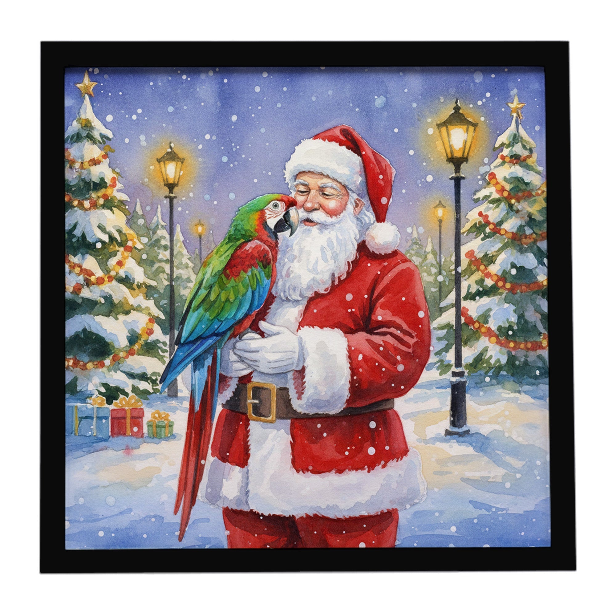 Green Winged Macaw Parrot with Santa Claus Framed Metal Print Bathroom, Kitchen, Office, Home Decor Wall Art Ready to Hang, Square, 8X8