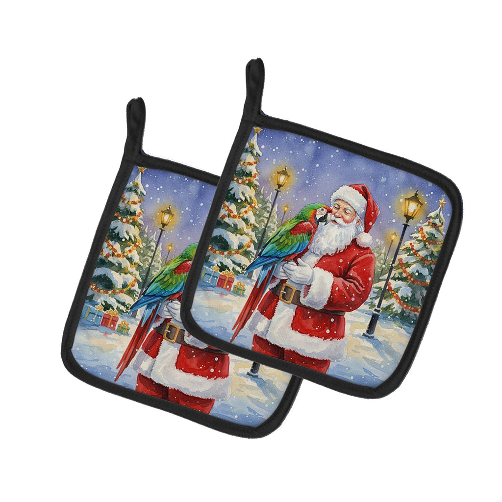 Green Winged Macaw Parrot with Santa Claus Pot Holder Set of 2 Heat Resistant Quilted Hot Pads 7.5 x 7.5 Inch, Insulated Kitchen Trivets for Cooking & Baking