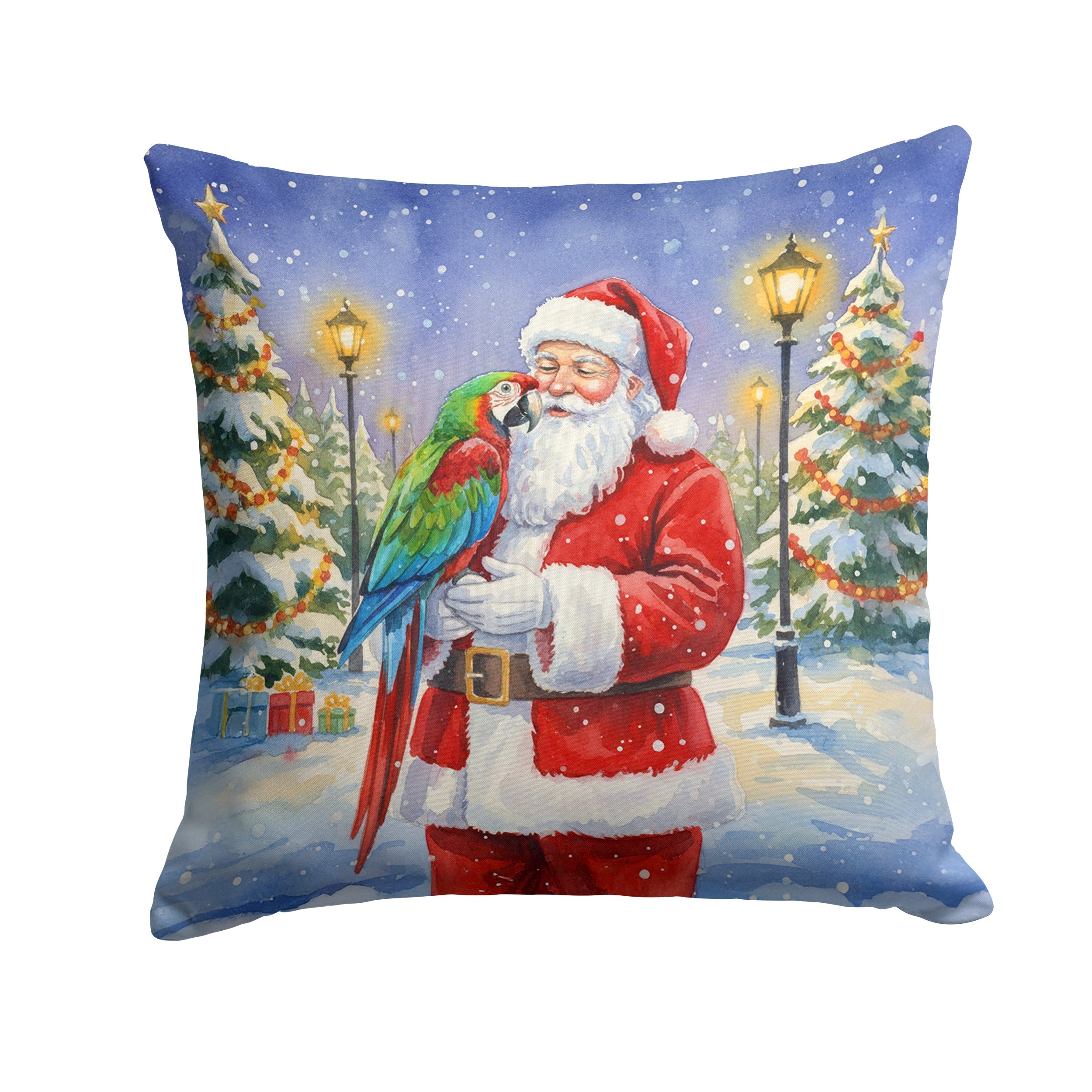 Green Winged Macaw Parrot with Santa Claus Decorative Throw Pillow 14x14 Indoor Outdoor Accent Cushion, Fabric Cover with Insert for Sofa, Bed, Porch & Living Room