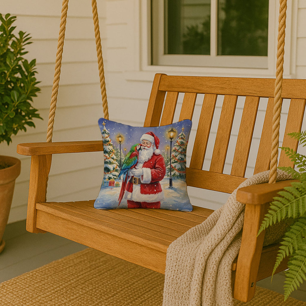 Green Winged Macaw Parrot with Santa Claus Decorative Throw Pillow 14x14 Indoor Outdoor Accent Cushion, Fabric Cover with Insert for Sofa, Bed, Porch & Living Room