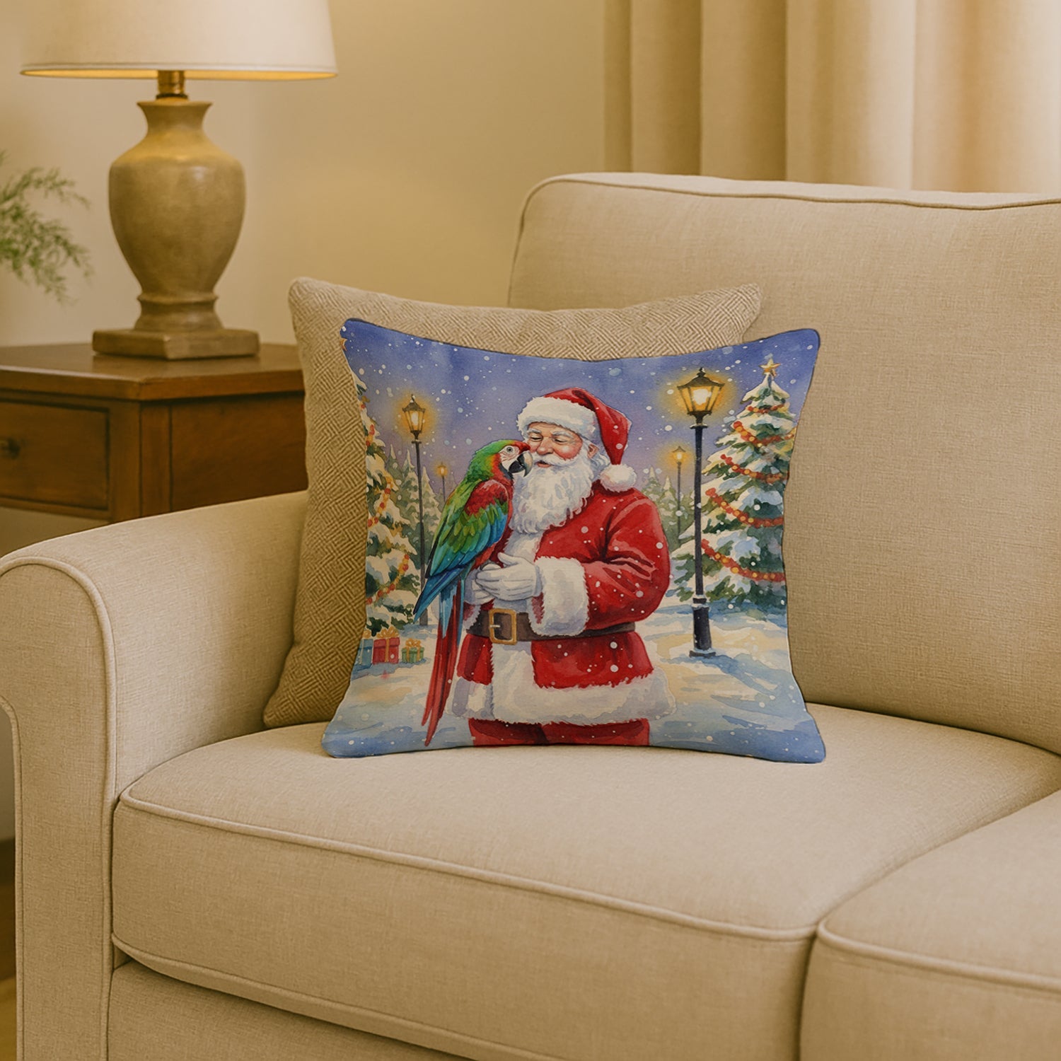 Green Winged Macaw Parrot with Santa Claus Decorative Throw Pillow 18x18 Indoor Outdoor Accent Cushion, Fabric Cover with Insert for Sofa, Bed, Porch & Living Room
