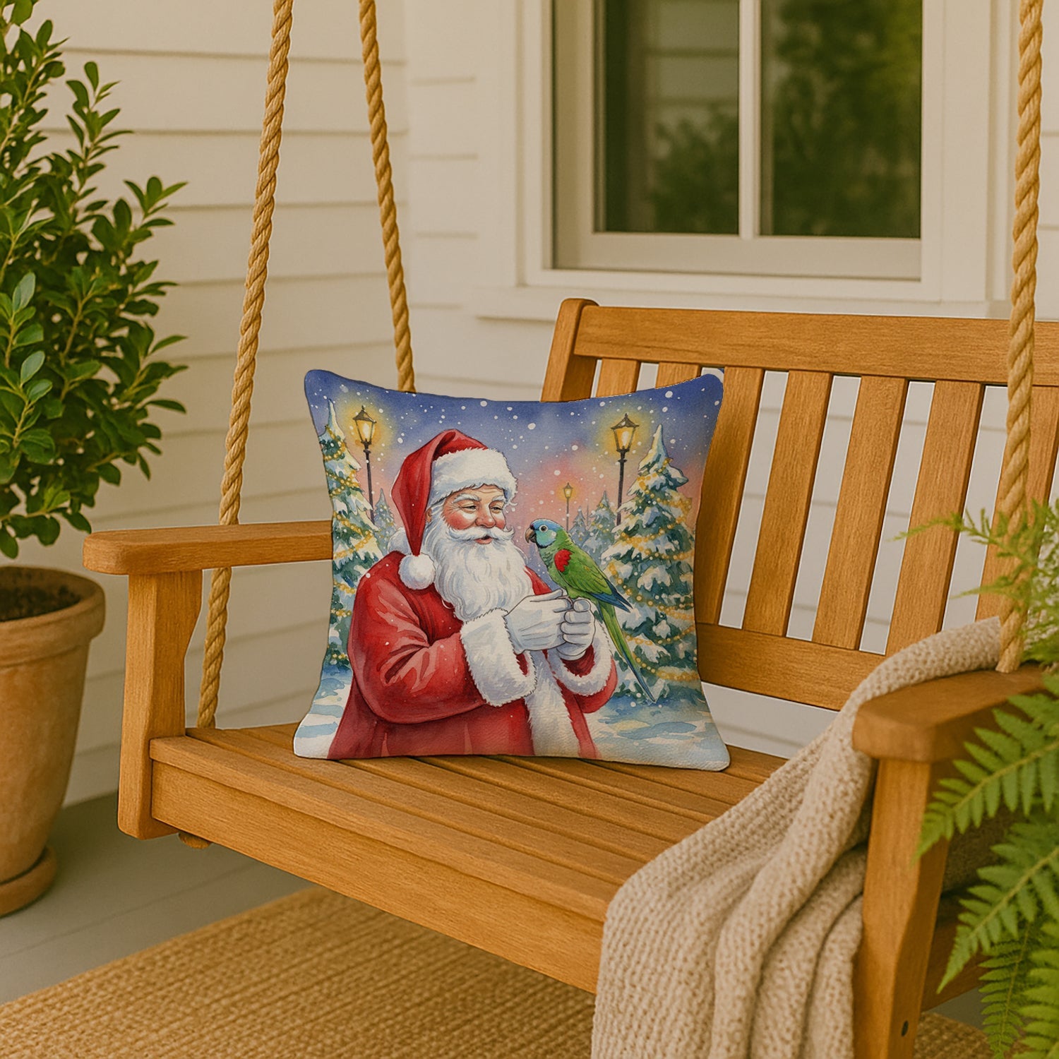 Hahn’s Macaw Parrot with Santa Claus Decorative Throw Pillow 18x18 Indoor Outdoor Accent Cushion, Fabric Cover with Insert for Sofa, Bed, Porch & Living Room