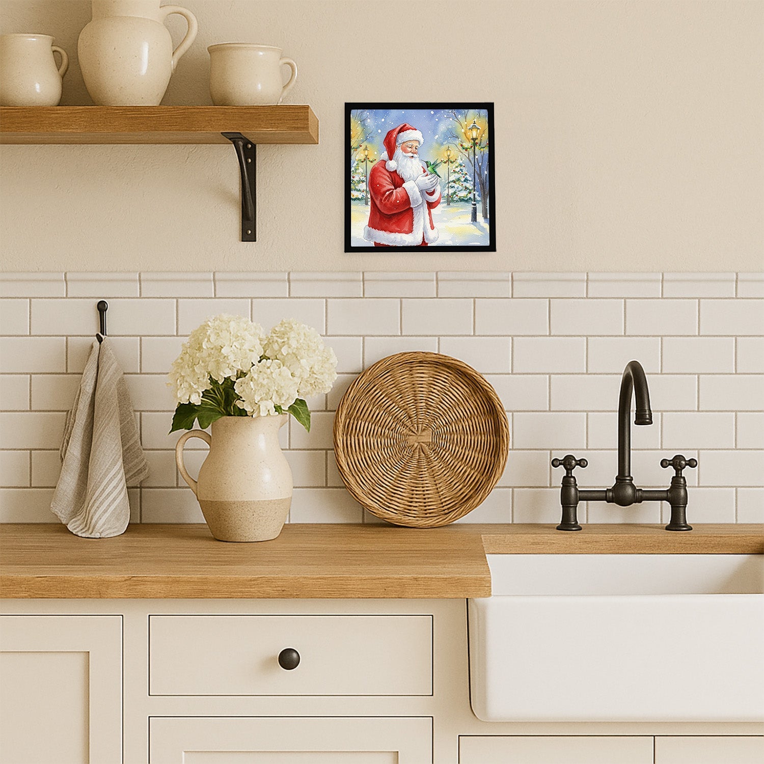 Hummingbird with Santa Claus Framed Metal Print Bathroom, Kitchen, Office, Home Decor Wall Art Ready to Hang, Square, 8X8