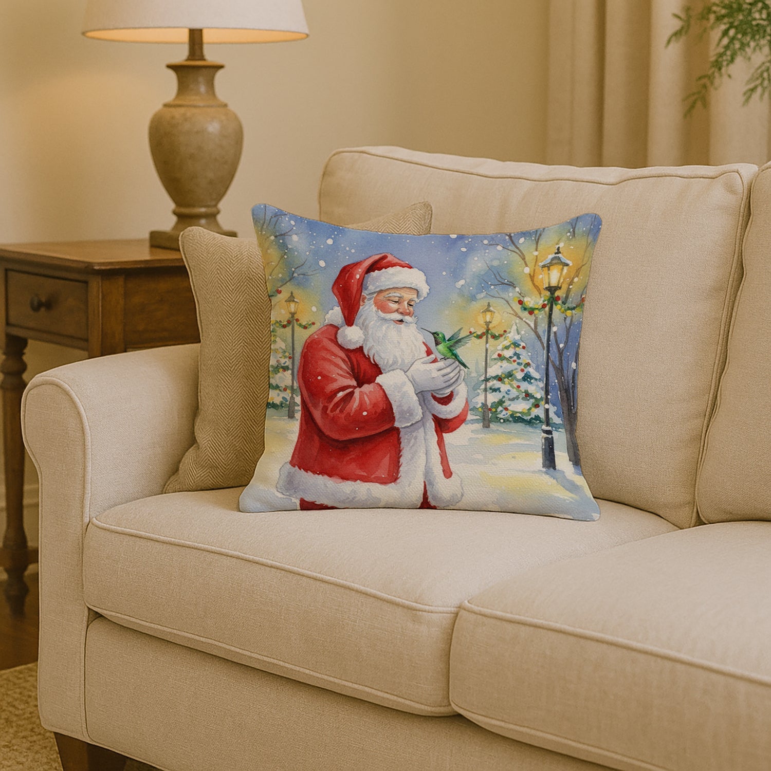 Hummingbird with Santa Claus Decorative Throw Pillow 14x14 Indoor Outdoor Accent Cushion, Fabric Cover with Insert for Sofa, Bed, Porch & Living Room