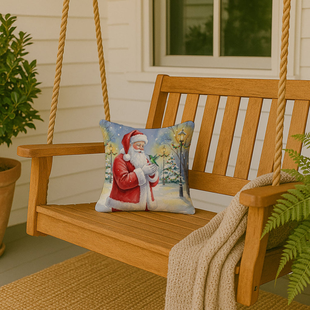 Hummingbird with Santa Claus Decorative Throw Pillow 14x14 Indoor Outdoor Accent Cushion, Fabric Cover with Insert for Sofa, Bed, Porch & Living Room