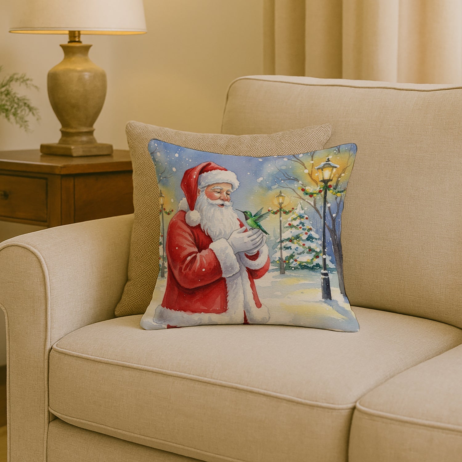Hummingbird with Santa Claus Decorative Throw Pillow 18x18 Indoor Outdoor Accent Cushion, Fabric Cover with Insert for Sofa, Bed, Porch & Living Room