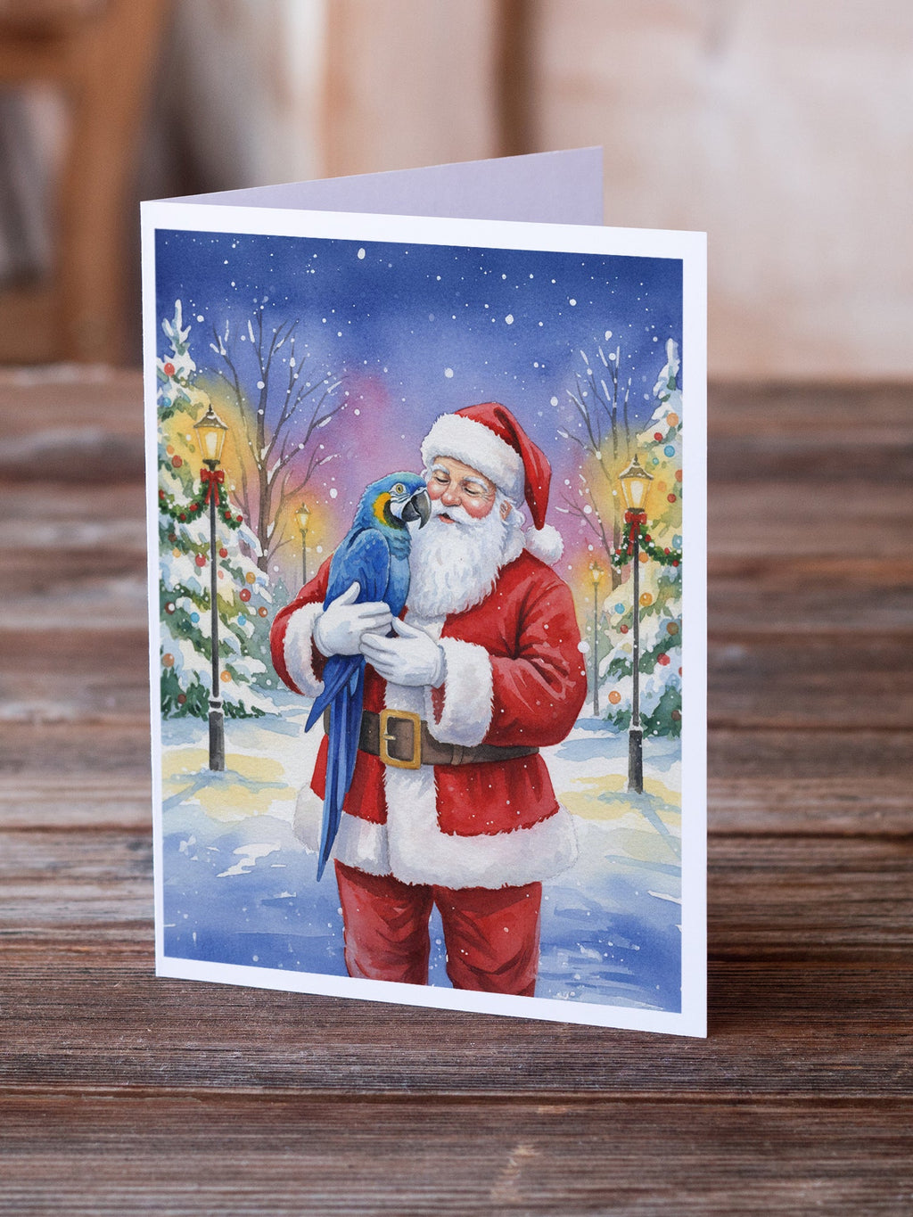 Hyacinth Macaw with Santa Claus Greeting Cards Pack of 8 Blank Cards with Envelopes Whimsical A7 Size 5x7