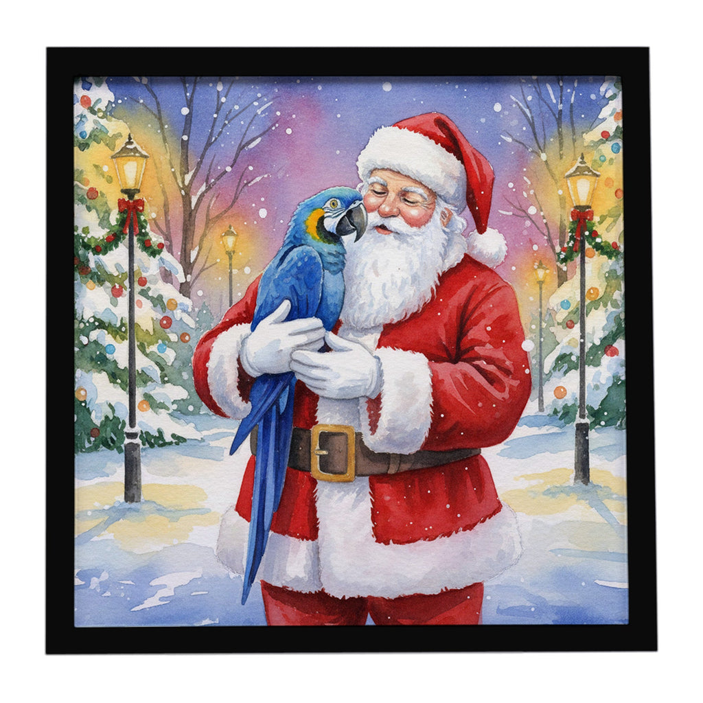 Hyacinth Macaw with Santa Claus Framed Metal Print Bathroom, Kitchen, Office, Home Decor Wall Art Ready to Hang, Square, 8X8