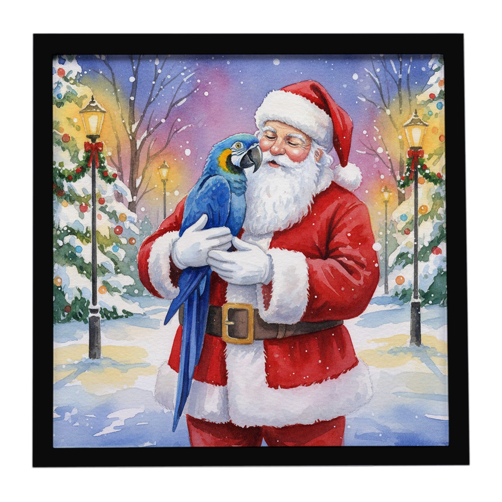 Hyacinth Macaw with Santa Claus Framed Metal Print Bathroom, Kitchen, Office, Home Decor Wall Art Ready to Hang, Square, 8X8