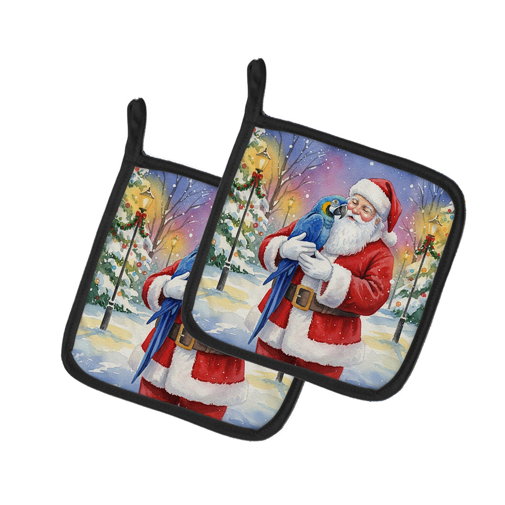 Hyacinth Macaw with Santa Claus Pot Holder Set of 2 Heat Resistant Quilted Hot Pads 7.5 x 7.5 Inch, Insulated Kitchen Trivets for Cooking & Baking