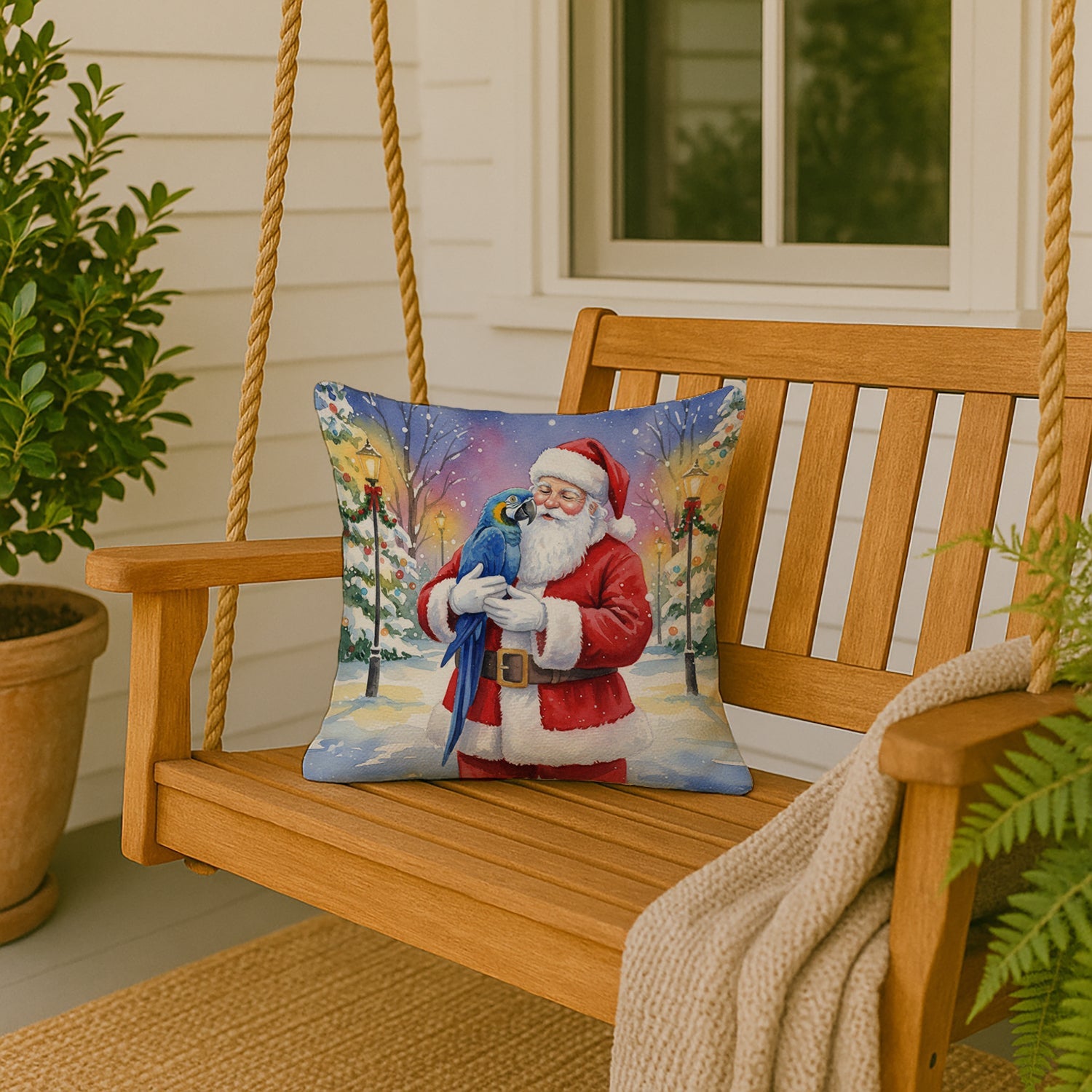 Hyacinth Macaw with Santa Claus Decorative Throw Pillow 18x18 Indoor Outdoor Accent Cushion, Fabric Cover with Insert for Sofa, Bed, Porch & Living Room