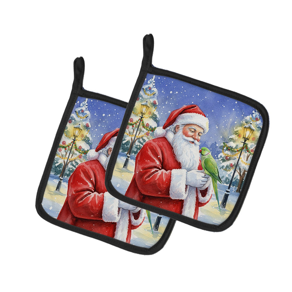 Indian Parakeet with Santa Claus Pot Holder Set of 2 Heat Resistant Quilted Hot Pads 7.5 x 7.5 Inch, Insulated Kitchen Trivets for Cooking & Baking