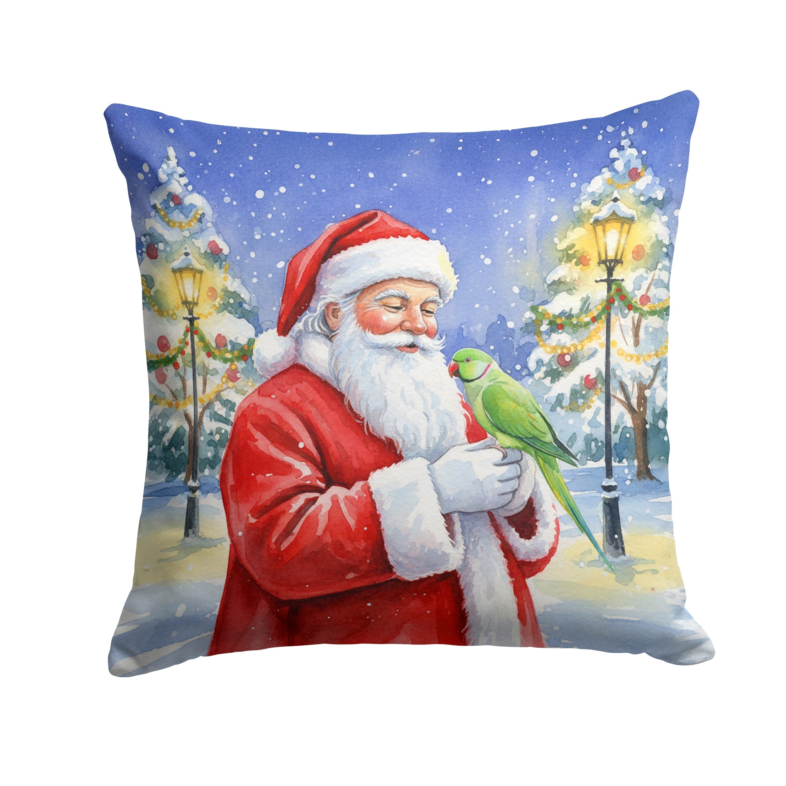 Indian Parakeet with Santa Claus Decorative Throw Pillow 14x14 Indoor Outdoor Accent Cushion, Fabric Cover with Insert for Sofa, Bed, Porch & Living Room