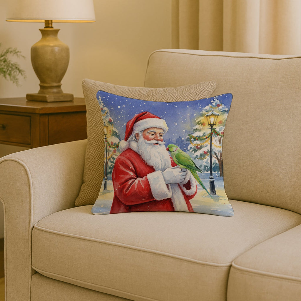 Indian Parakeet with Santa Claus Decorative Throw Pillow 18x18 Indoor Outdoor Accent Cushion, Fabric Cover with Insert for Sofa, Bed, Porch & Living Room